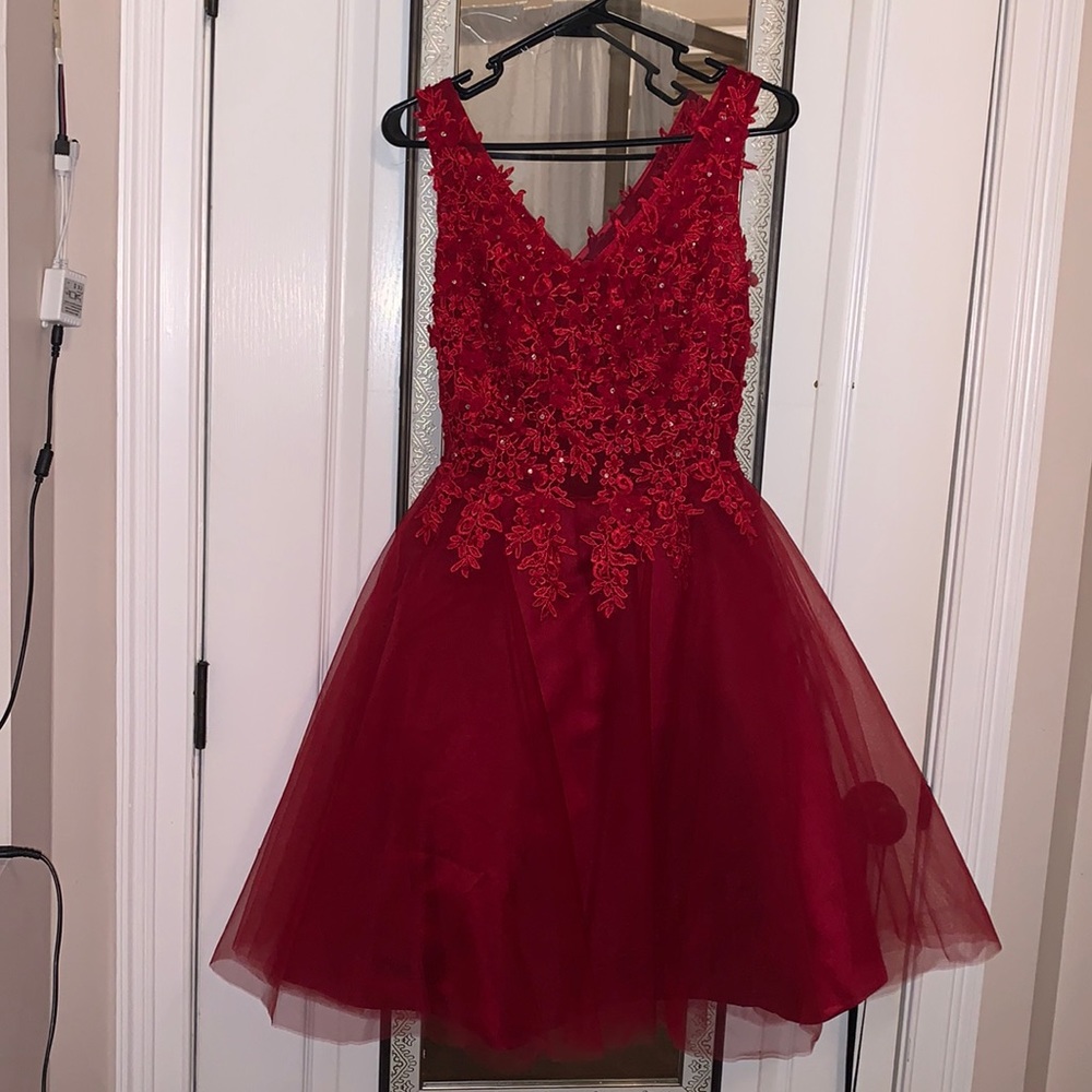 Red, V neck, short ballgown dress